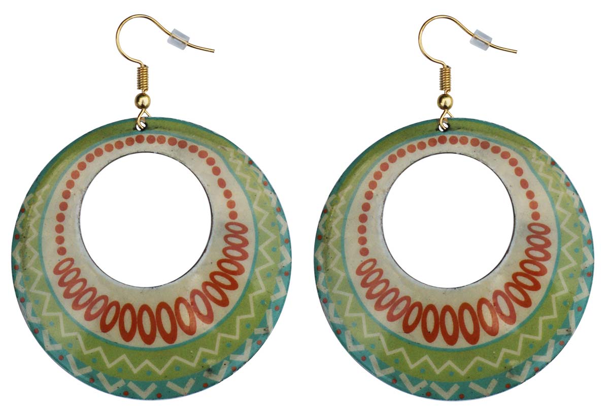 2.5” Pair of Round Hook Earrings in Brass - Green Ethnic Pattern - Drop Earrings / Women Fashion Jewelry - Buy in Bulk Wholesale